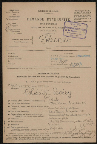 Péronne. Demande d'indemnisation des dommages de guerre : dossier Blériot