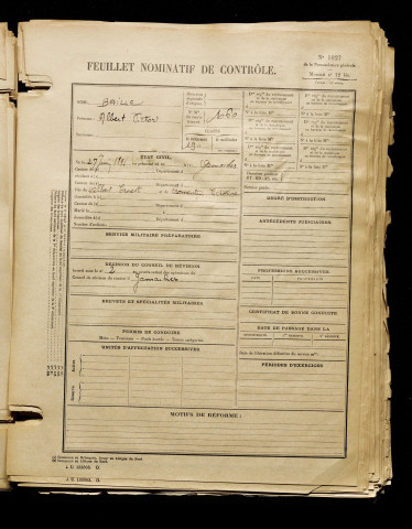 Baille, Albert Victor, né le 27 juin 1891 à Gamaches (Somme), classe 1911, matricule n° 1060, Bureau de recrutement d'Abbeville