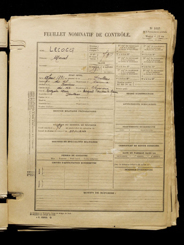 Lecocq, Marcel, né le 18 janvier 1891 à Doullens (Somme), classe 1911, matricule n° 73, Bureau de recrutement d'Abbeville