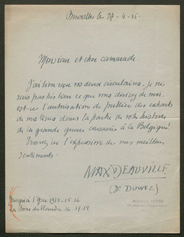 Témoignage de Deauville, Max (Médecin et écrivain belge) et correspondance avec Jacques Péricard