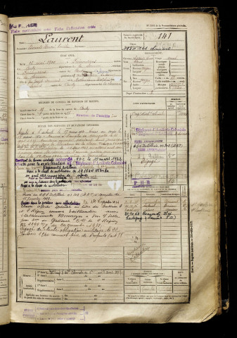 Laurent, Edouard Honoré Emile, né le 16 mai 1900 à Frémontiers (Somme), classe 1920, matricule n° 141, Bureau de recrutement d'Amiens