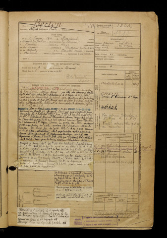 Berton, Alfred Casimir Emile, né le 02 février 1901 à Berneuil (Somme), classe 1921, matricule n° 1509, Bureau de recrutement d'Abbeville