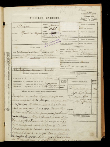 Adam, Maurice Auguste, né le 25 novembre 1893 à Toulouse (Haute-Garonne), classe 1913, matricule n° 1036, Bureau de recrutement d'Amiens
