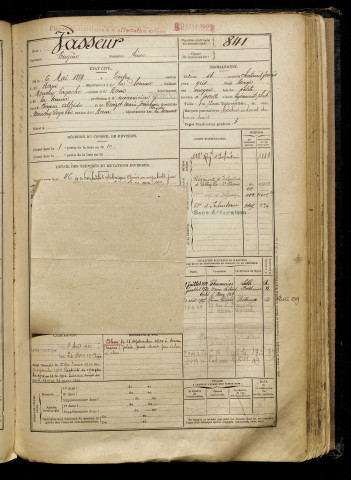 Vasseur, Eugène, né le 06 mai 1889 à Tertry (Somme), classe 1909, matricule n° 841, Bureau de recrutement de Péronne