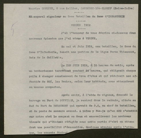 Témoignage de Bocquet, Maurice et correspondance avec Jacques Péricard