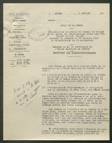 Demande de l'Union Sportive de Corbie « section natation » pour l'organisation d'une fête nautique et de manifestations sportives sur le Canal de la Somme le 14 juillet 1963