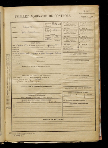 Beauvais, Jean Marcelin, né le 31 janvier 1892 à Dernancourt (Somme), classe 1912, matricule n° 563, Bureau de recrutement de Péronne