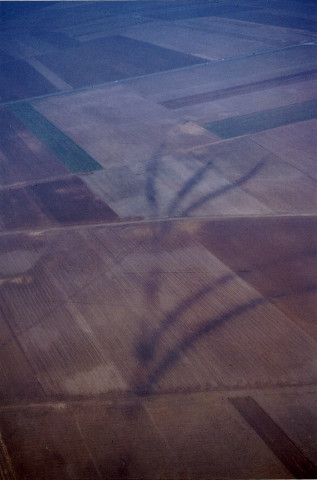 Photographie aérienne prise par François Vasselle en avril 1963, montrant les traces dans un champ de Warfusée, d'une ligne de chemin de de fer datant de la première guerre mondiale