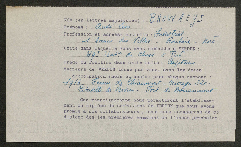Témoignage de Browaeys, André (Capitaine) et correspondance avec Jacques Péricard