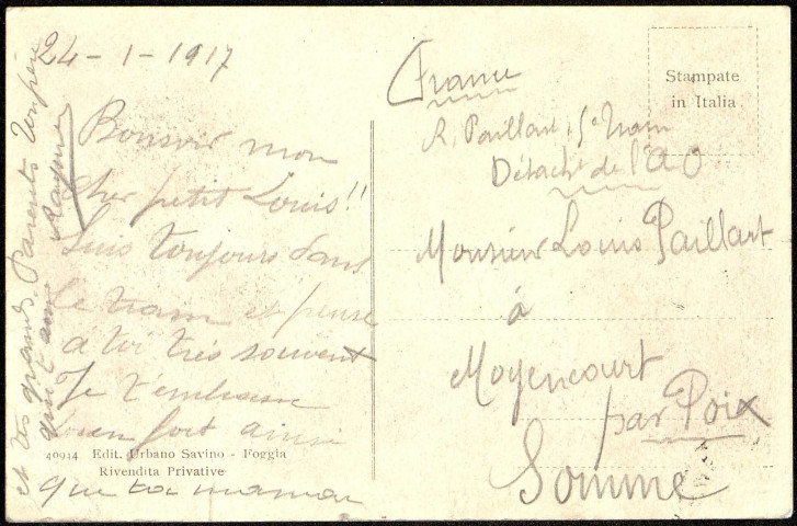 Carte postale intitulée "Foggia. Piazza Camillo Cavour" (Foggia. Place Camillo Cavour). Correspondance de Raymond Paillart à son fils Louis