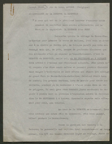 Témoignage de Deckx, Joseph (Artilleur) et correspondance avec Jacques Péricard