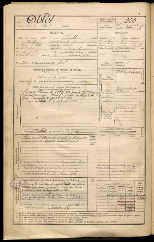 Oblet, Charles Albert, né le 30 août 1871 à Hombleux (Somme), classe 1891, matricule n° 775, Bureau de recrutement de Péronne