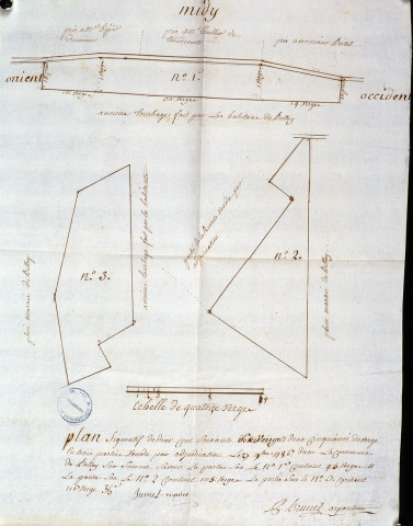 Plan figuratif de 266 verges et 2/5 de verge en trois parties vendues par adjudication le 27 novembre 1786, dans la commune de Belloy-sur-Somme