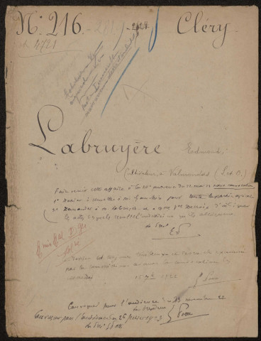 Cléry-sur-Somme. Demande d'indemnisation des dommages de guerre : dossier Labruyère Edmond