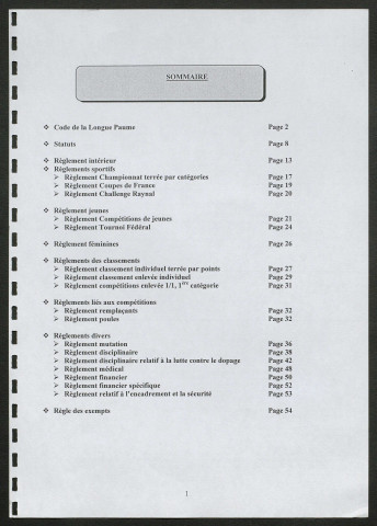 Statuts, codes et règlements intérieurs de la Fédération Française de Longue Paume