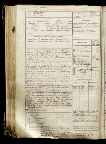Vaine, Hector Fernand, né le 29 septembre 1894 à Ytres (Pas-de-Calais), classe 1914, matricule n° 726, Bureau de recrutement de Péronne
