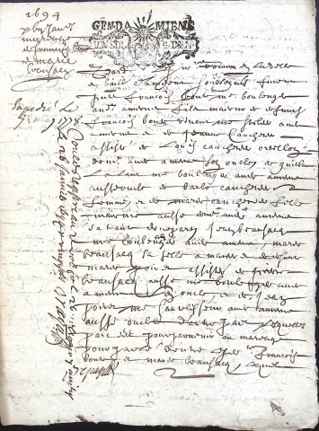 Etude de Me François De Hangest à Amiens (étude n°13). Minutes de l'année 1694