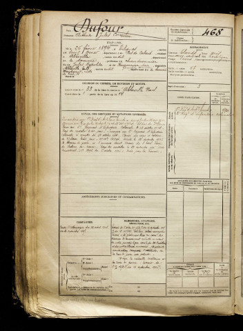 Dufour, Arthur Jules Cornil, né le 26 février 1894 à Tilques (Pas-de-Calais), classe 1914, matricule n° 468, Bureau de recrutement d'Abbeville