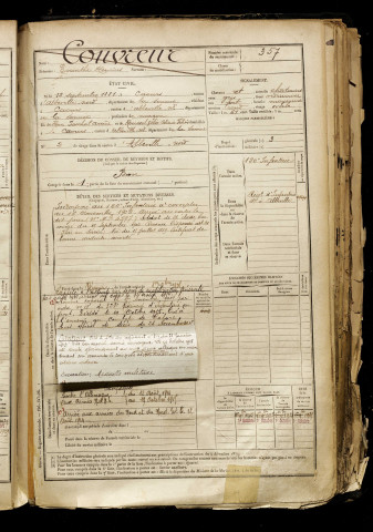 Couvreur, Evanthe Henrius, né le 12 septembre 1881 à Caours (Somme), classe 1901, matricule n° 357, Bureau de recrutement d'Abbeville