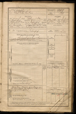 Lecat, Pascal Arthur Emile, né le 12 avril 1868 à Bettencourt-Saint-Ouen (Somme), classe 1888, matricule n° 997, Bureau de recrutement d'Amiens