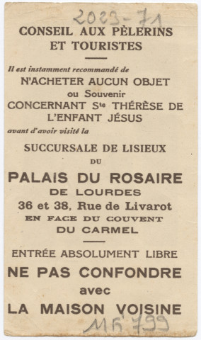 Sainte Thérèse de l'Enfant Jésus. Conseil aux pèlerins et touristes