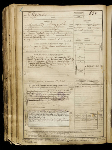 Thomas, Eugène, né le 25 août 1879 à Bussy-en-Othe (Yonne), classe 1899, matricule n° 850, Bureau de recrutement d'Amiens