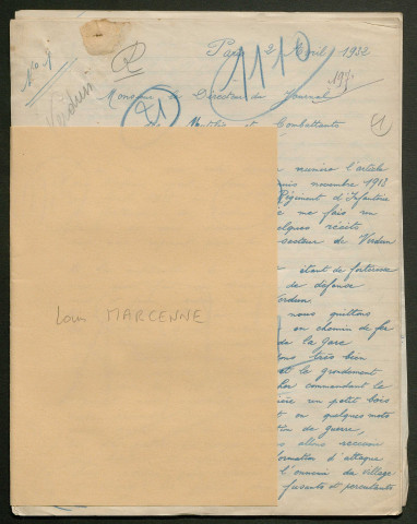 Témoignage de Marcenne, Louis (Sergent) et correspondance avec Jacques Péricard