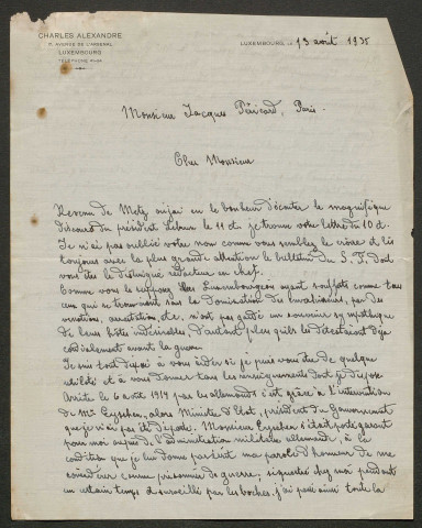 Témoignage de Alexandre, Charles (Président de la Société Française de Bienfaisance) et correspondance avec Jacques Péricard