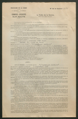 Courses cyclistes locales, nationales ou internationales, organisées ou passant dans le département de la Somme (1962)
