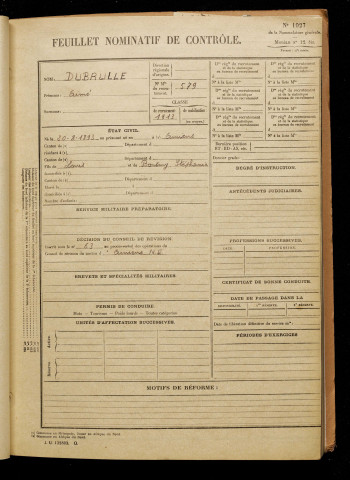 Dubrulle, Aimé, né le 20 août 1893 à Amiens (Somme), classe 1913, matricule n° 579, Bureau de recrutement d'Amiens