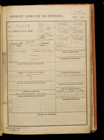Tillier, Gaston Lucien Abel, né le 08 janvier 1897 à Voyennes (Somme), classe 1917, matricule n° 67, Bureau de recrutement d'Abbeville