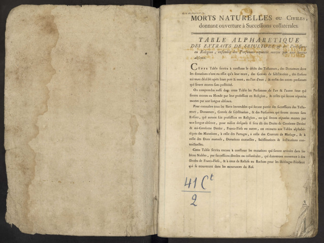 Table du bureau d'Airaines pour la période 1770-1776. Décès et extraits des sépulture