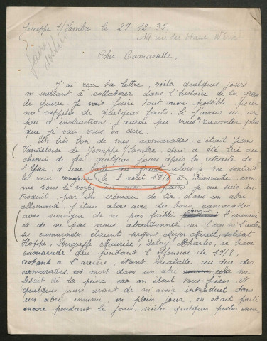 Témoignage de Dhyne, Joseph Nicolas et correspondance avec Jacques Péricard