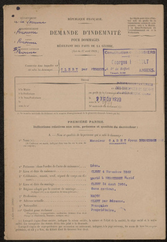Cléry-sur-Somme. Demande d'indemnisation des dommages de guerre : dossier Cadet-Derguesse