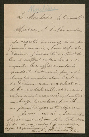 Témoignage de Moulin, François (Grenadier voltigeur) et correspondance avec Jacques Péricard