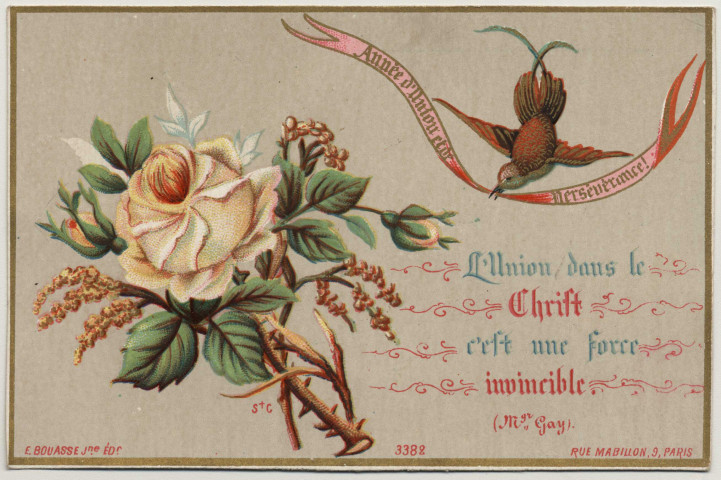 L'union dans le Christ est une force invincible. Un bouquets de roses. A ma chère petite Lucie, le 21 janvier 1890. F. Masson