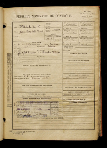 Pellier, Jean Baptiste Raoul, né le 30 octobre 1892 à Amiens (Somme), classe 1912, matricule n° 1080, Bureau de recrutement d'Amiens