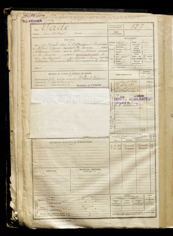Padé, René Arthur, né le 10 octobre 1901 à Bettencourt-Rivière (Somme), classe 1921, matricule n° 127, Bureau de recrutement d'Amiens