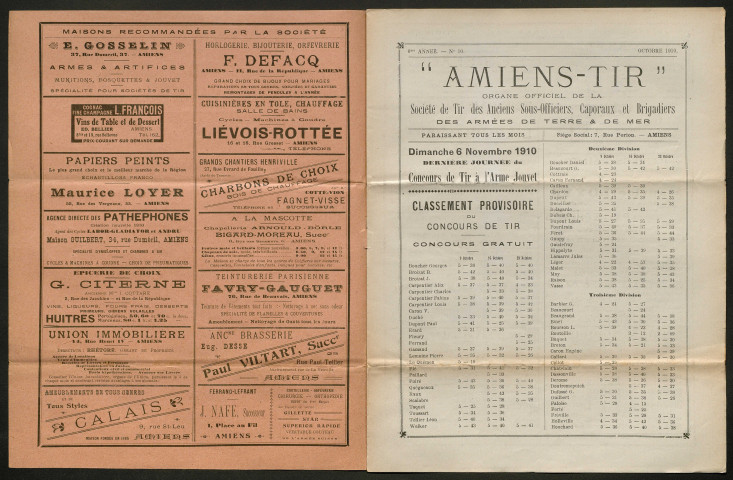 Amiens-tir, organe officiel de l'amicale des anciens sous-officiers, caporaux et soldats d'Amiens, numéro 10 (octobre 1910)