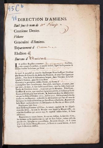 Centième denier du bureau d’Amiens pour la période du 9 décembre 1763 au 2 novembre 1764