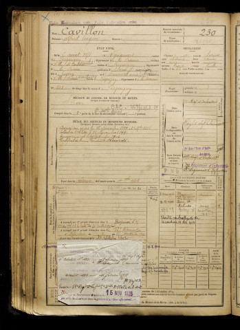 Cavillon, Alfred Eugène, né le 02 août 1878 à Vignacourt (Somme), classe 1898, matricule n° 230, Bureau de recrutement d'Amiens