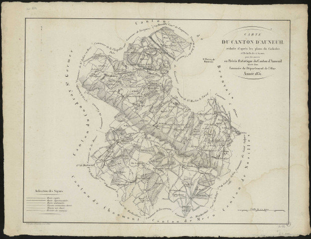 Carte du canton d'Auneuil, réduite d'après les plans du cadastre à l'Echelle de 1 à 50000 pour être annexée au précis statistique du canton d'Auneuil inséré dans l'Annuaire du Département de l'Oise. Année 1851