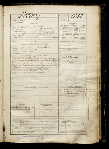 Lecocq, Alcide Léon, né le 03 mai 1901 à Orville (Pas-de-Calais), classe 1921, matricule n° 1282, Bureau de recrutement d'Abbeville