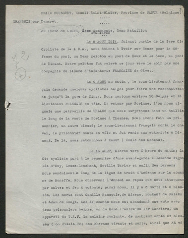 Témoignage de Bourguet, Emile et correspondance avec Jacques Péricard