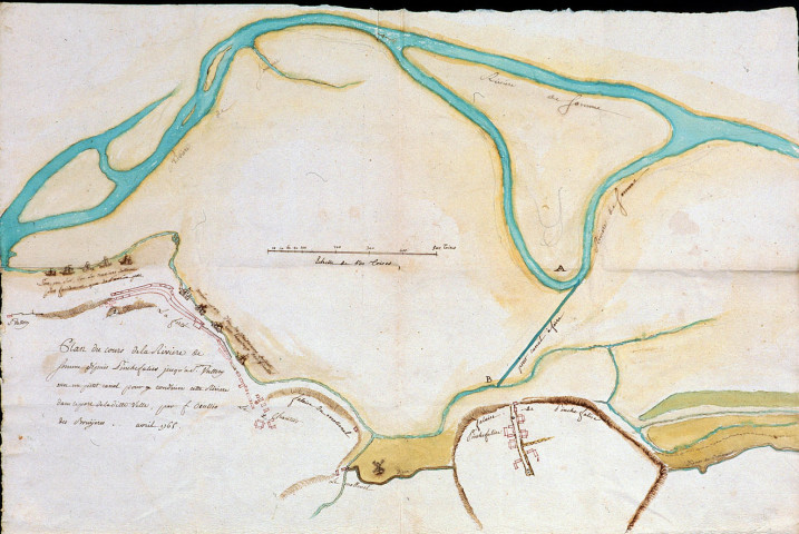 Plan du cours de la rivière de Somme depuis Pinchefalise jusqu'à Saint Vallery avec un petit canal pour y conduire cette rivière dans le port de laditte ville.