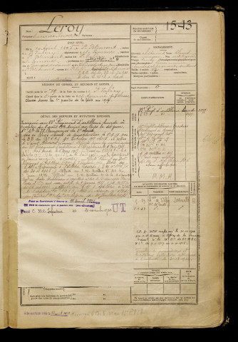 Leroy, Maurice Lucien, né le 19 août 1897 à Saint-Blimont (Somme), classe 1917, matricule n° 1543, Bureau de recrutement d'Abbeville