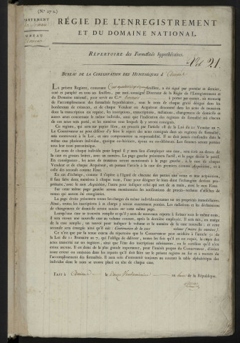 Répertoire des formalités hypothécaires, du 12 vendémiaire an VIII au , volume 21 (Conservation des hypothèques d'Amiens)