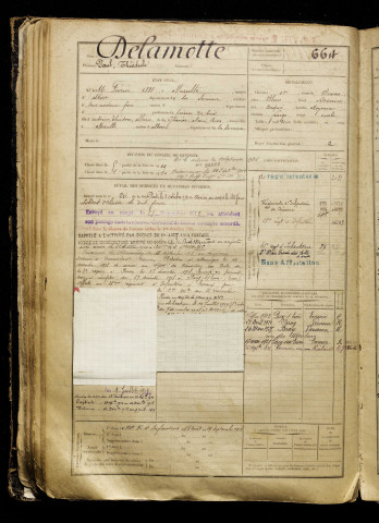 Delamotte, Paul Théodule, né le 16 février 1888 à Méaulte (Somme), classe 1908, matricule n° 664, Bureau de recrutement de Péronne