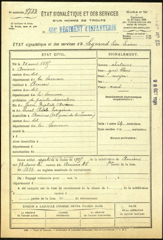 Legrand, Léon Lucien, né le 20 août 1895 à Amiens (Somme), classe 1915, matricule n° 1394, Bureau de recrutement d'Amiens