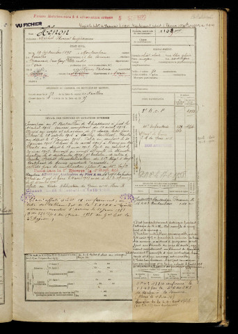 Hénon, Michel Florent Eugène, né le 29 septembre 1896 à Montauban-de-Picardie (Somme), classe 1916, matricule n° 1169, Bureau de recrutement de Péronne